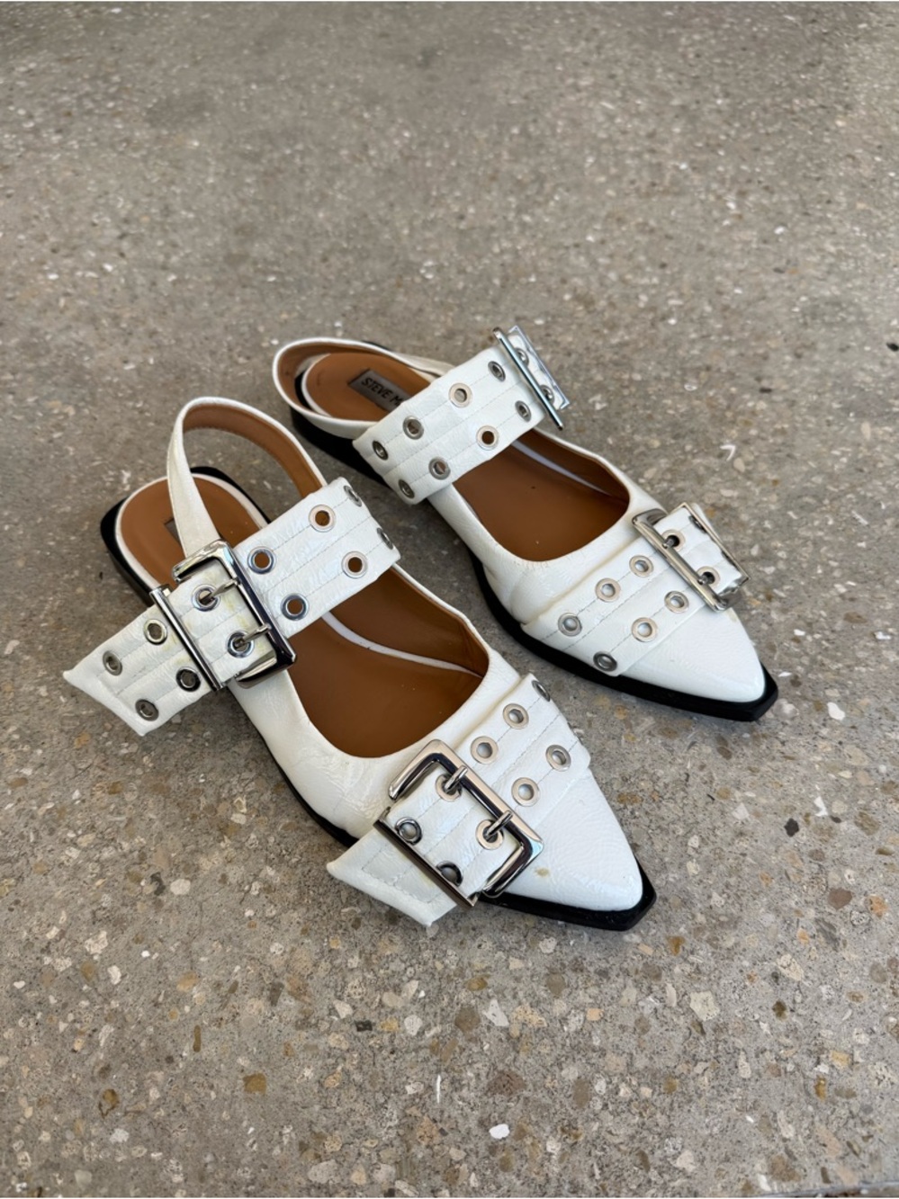 Steve Madden White Pointed Slingback Flats with Buckles